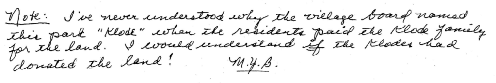 Mimi Bird's Editorial Note on Naming of Klode Park